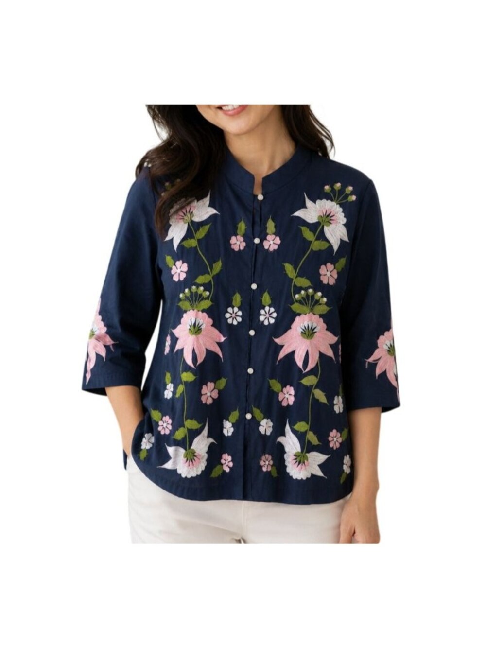 Caro of Honolulu Vintage 70s Floral embroidered Blue Button Down Floral 12